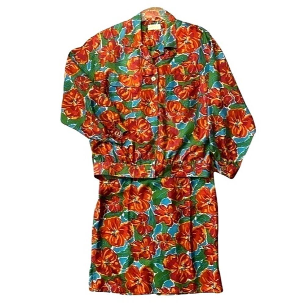 Vintage 80s Lord & Taylor Silk Floral Set Cropped Jacket Resort M/L
